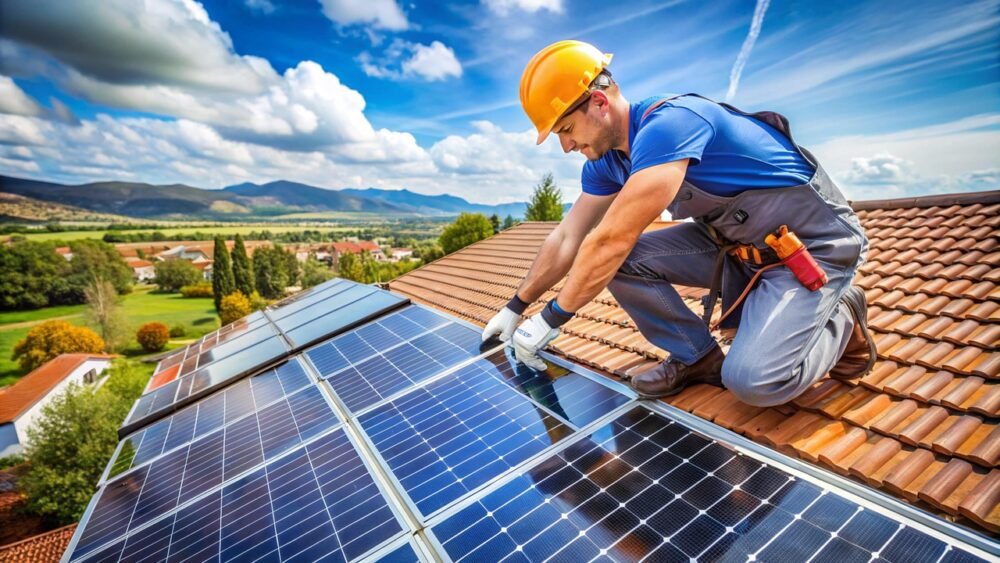 Una imagen que muestra a un hombre sobre un techo mientras se dedica a instalar un sistema de energía solar.